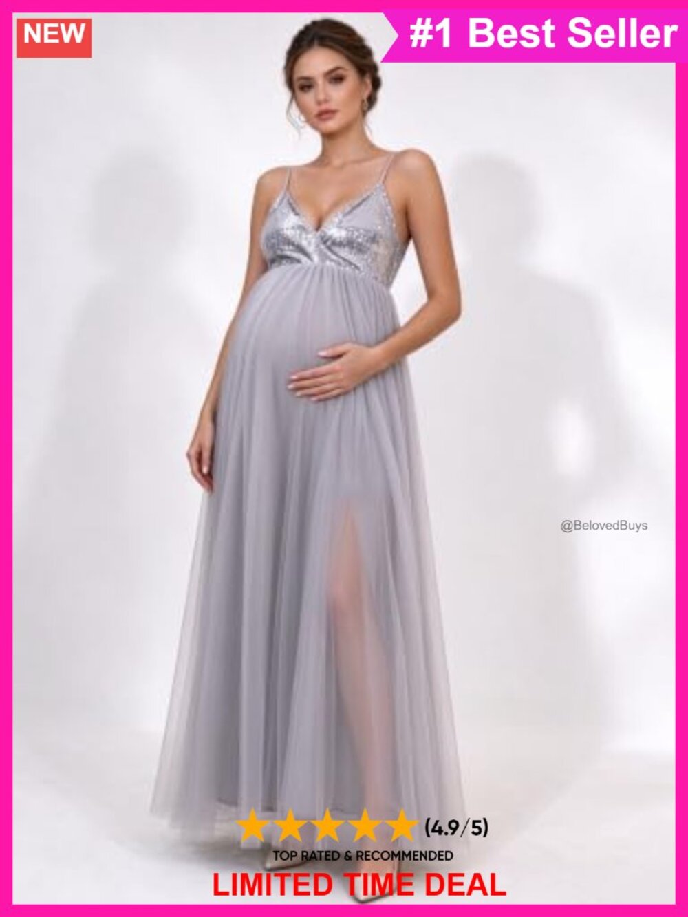 Sequin Tulle Maternity Gown Sparkly Formal Pregnancy Maxi Dress - Picture 5 of 6